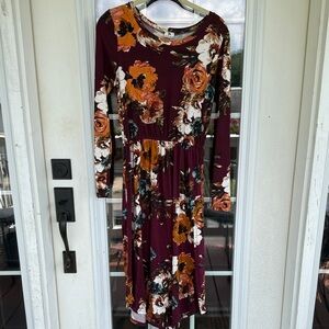 JessaKae Burgundy Floral Long Sleeve Dress Small